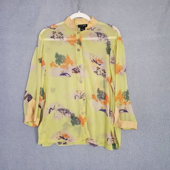 Citron Santa Monica Women's Sheer Yellow Button Up Art To Wear Silk Top Medium - Picture 1 of 11